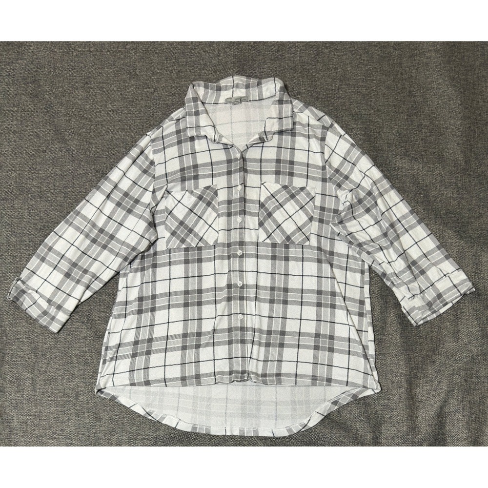 By Design Womens 3X Button Up Top Plaid Long Sleeve Pocket Hi-Low White Grey